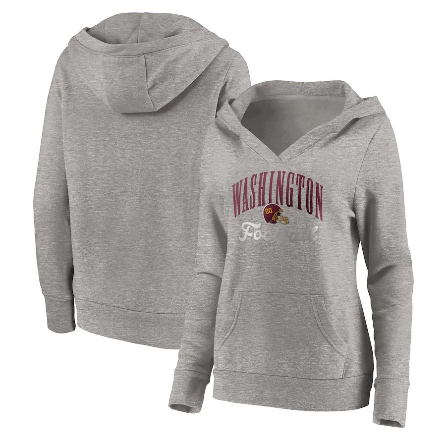 Women Washington Football Team Fanatics Branded Heathered Gray Victory Script V-Neck Pullover Hoodie